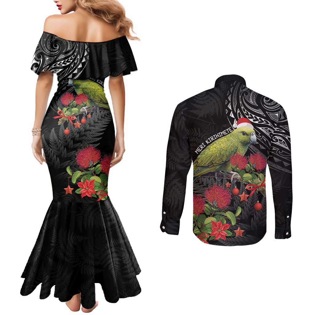 Meri Kirihimete Kakapo Couples Matching Mermaid Dress and Long Sleeve Button Shirt Black Silver Fern Christmas Vibe LT9 - Polynesian Pride