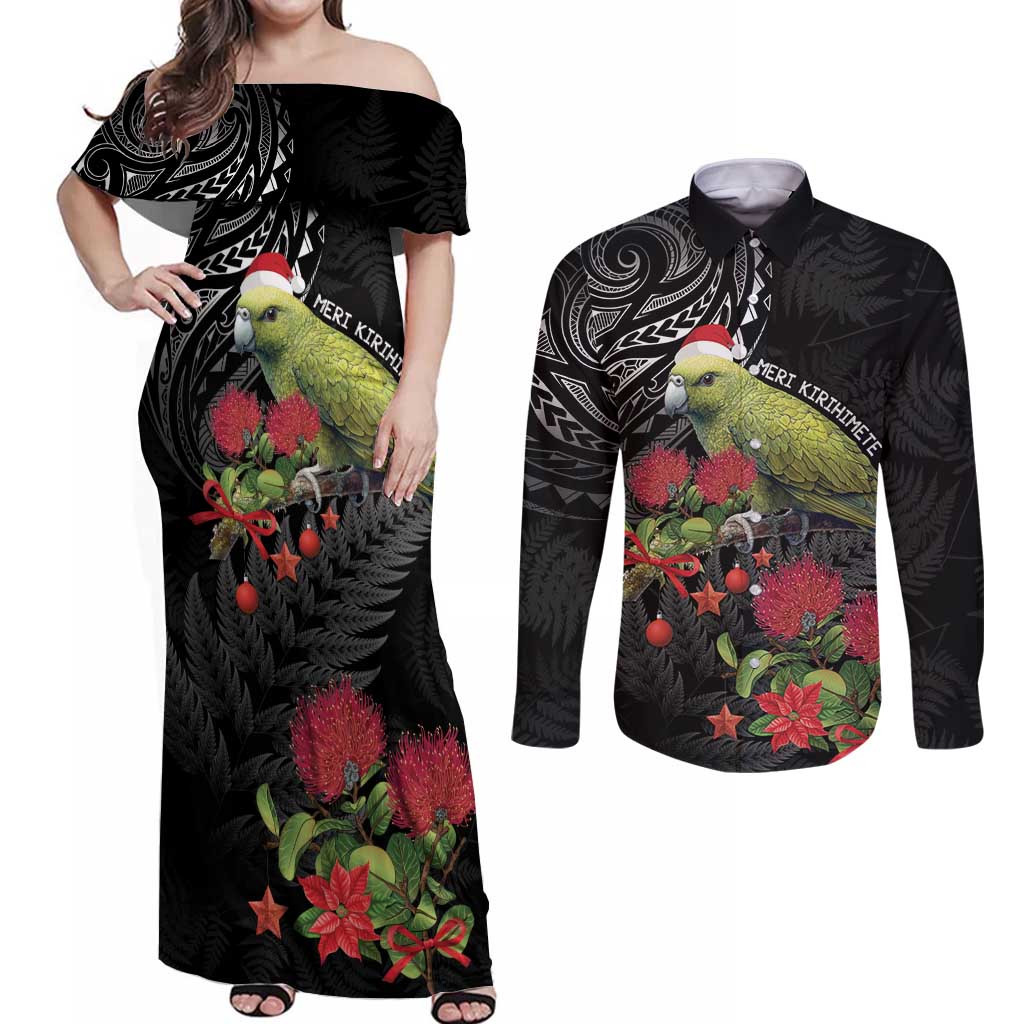 Meri Kirihimete Kakapo Couples Matching Off Shoulder Maxi Dress and Long Sleeve Button Shirt Black Silver Fern Christmas Vibe LT9 Black - Polynesian Pride