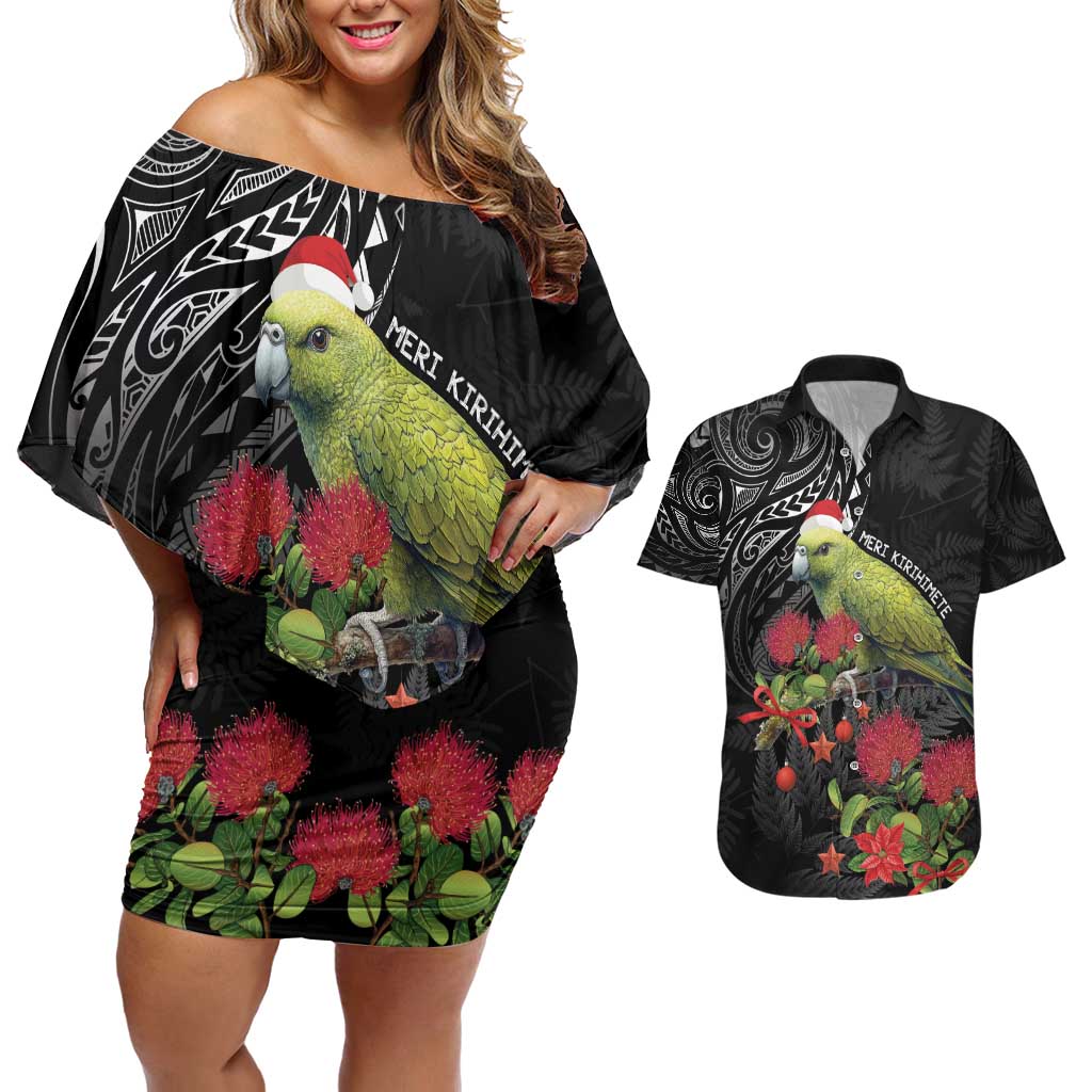 Meri Kirihimete Kakapo Couples Matching Off Shoulder Short Dress and Hawaiian Shirt Black Silver Fern Christmas Vibe LT9 Black - Polynesian Pride