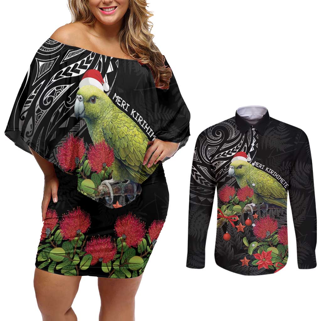 Meri Kirihimete Kakapo Couples Matching Off Shoulder Short Dress and Long Sleeve Button Shirt Black Silver Fern Christmas Vibe LT9 Black - Polynesian Pride