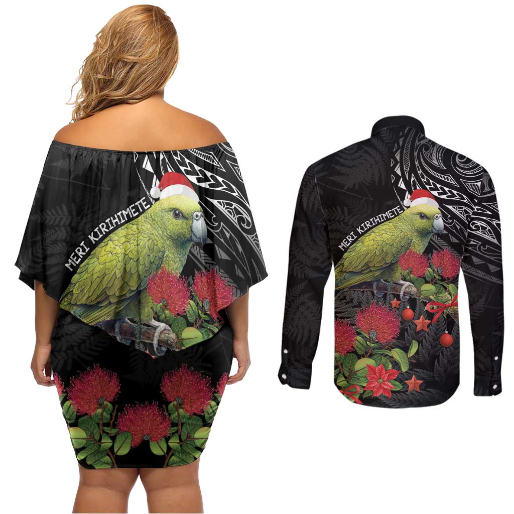 Meri Kirihimete Kakapo Couples Matching Off Shoulder Short Dress and Long Sleeve Button Shirt Black Silver Fern Christmas Vibe LT9 - Polynesian Pride