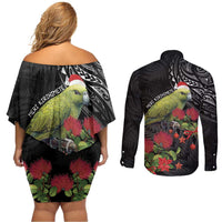 Meri Kirihimete Kakapo Couples Matching Off Shoulder Short Dress and Long Sleeve Button Shirt Black Silver Fern Christmas Vibe LT9 - Polynesian Pride