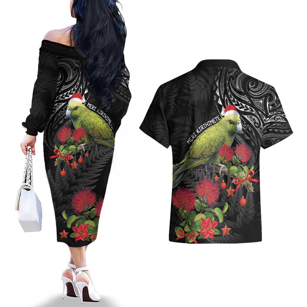 Meri Kirihimete Kakapo Couples Matching Off The Shoulder Long Sleeve Dress and Hawaiian Shirt Black Silver Fern Christmas Vibe LT9 - Polynesian Pride