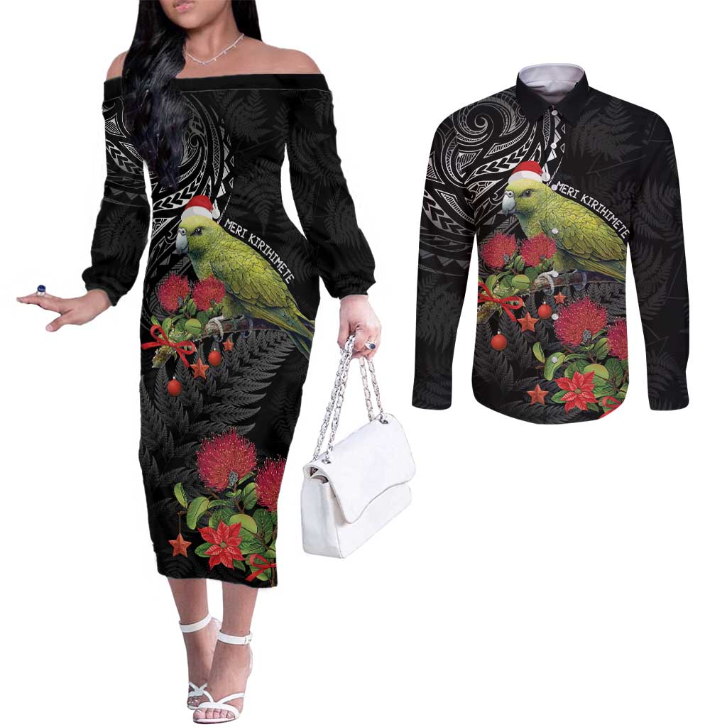 Meri Kirihimete Kakapo Couples Matching Off The Shoulder Long Sleeve Dress and Long Sleeve Button Shirt Black Silver Fern Christmas Vibe LT9 Black - Polynesian Pride