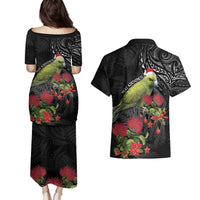 Meri Kirihimete Kakapo Couples Matching Puletasi and Hawaiian Shirt Black Silver Fern Christmas Vibe LT9 - Polynesian Pride