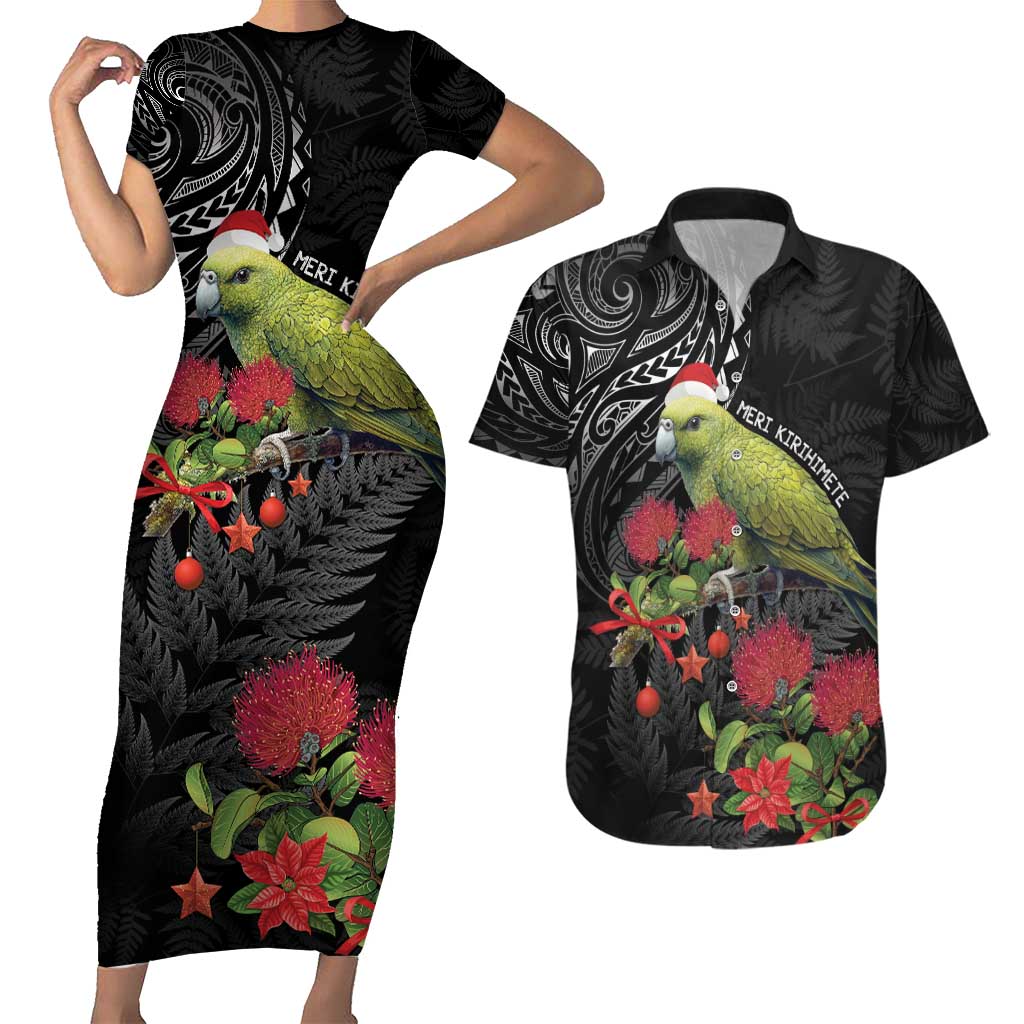 Meri Kirihimete Kakapo Couples Matching Short Sleeve Bodycon Dress and Hawaiian Shirt Black Silver Fern Christmas Vibe