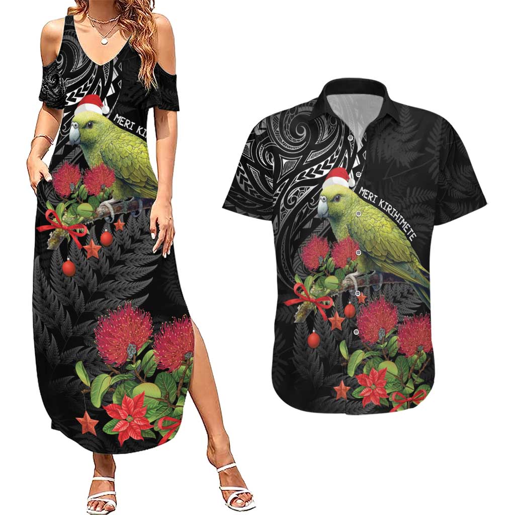 Meri Kirihimete Kakapo Couples Matching Summer Maxi Dress and Hawaiian Shirt Black Silver Fern Christmas Vibe LT9 Black - Polynesian Pride