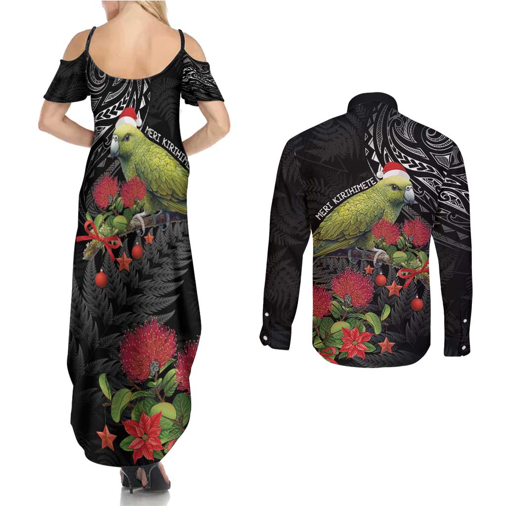 Meri Kirihimete Kakapo Couples Matching Summer Maxi Dress and Long Sleeve Button Shirt Black Silver Fern Christmas Vibe LT9 - Polynesian Pride