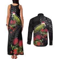 Meri Kirihimete Kakapo Couples Matching Tank Maxi Dress and Long Sleeve Button Shirt Black Silver Fern Christmas Vibe LT9 - Polynesian Pride