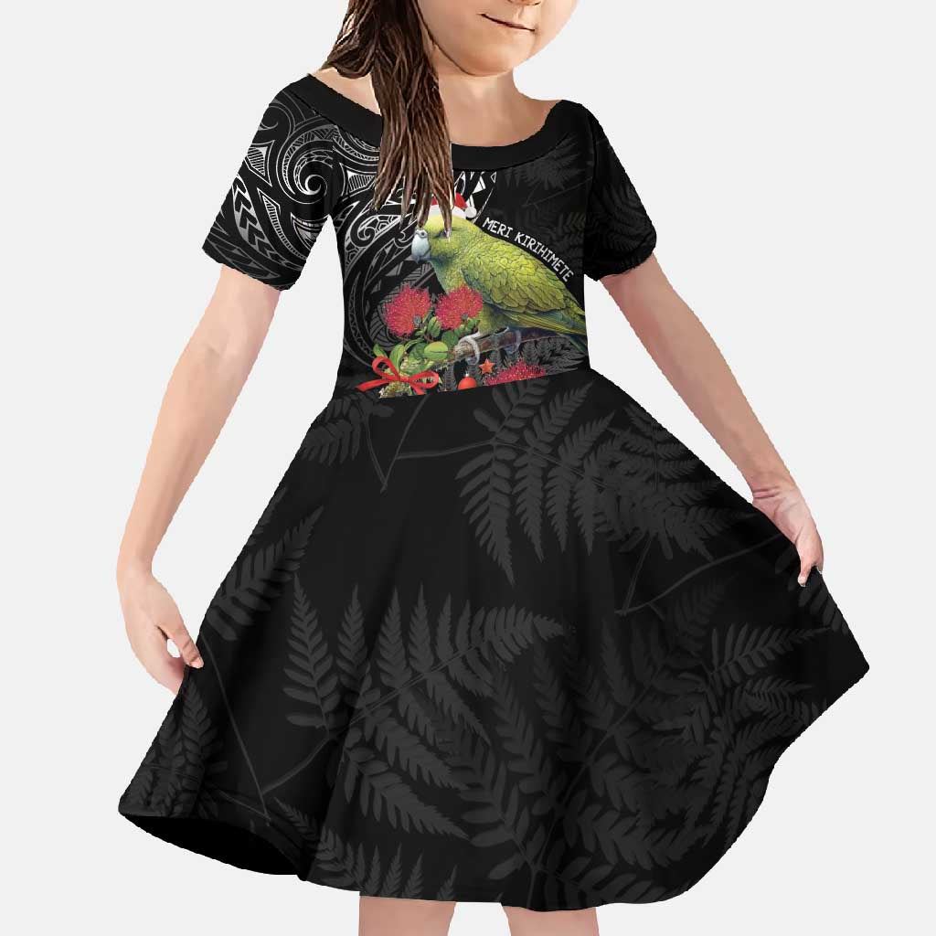 Meri Kirihimete Kakapo Family Matching Mermaid Dress and Hawaiian Shirt Black Silver Fern Christmas Vibe LT9 Daughter's Dress Black - Polynesian Pride