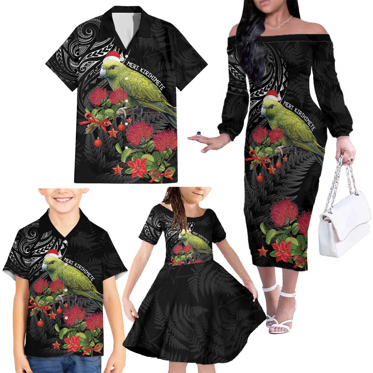 Meri Kirihimete Kakapo Family Matching Off The Shoulder Long Sleeve Dress and Hawaiian Shirt Black Silver Fern Christmas Vibe LT9 - Polynesian Pride