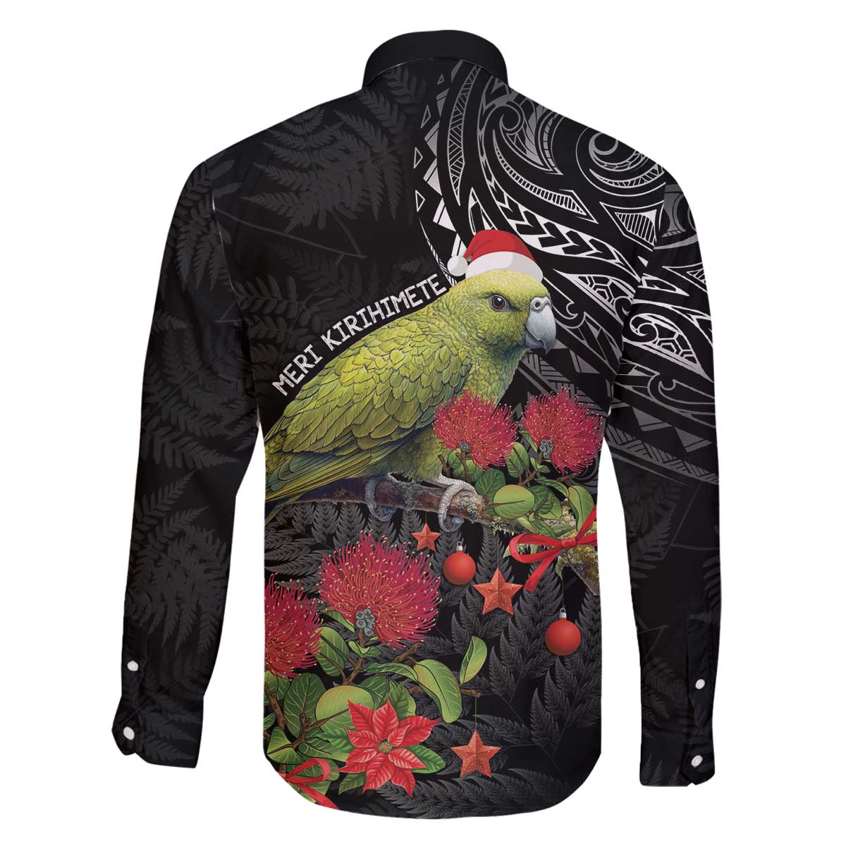 Meri Kirihimete Kakapo Family Matching Off The Shoulder Long Sleeve Dress and Hawaiian Shirt Black Silver Fern Christmas Vibe LT9 - Polynesian Pride
