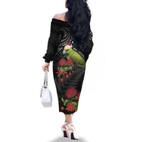 Meri Kirihimete Kakapo Family Matching Off The Shoulder Long Sleeve Dress and Hawaiian Shirt Black Silver Fern Christmas Vibe LT9 - Polynesian Pride
