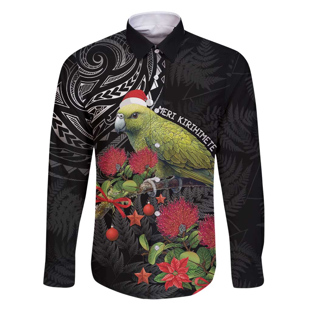 Meri Kirihimete Kakapo Family Matching Puletasi and Hawaiian Shirt Black Silver Fern Christmas Vibe LT9 Dad's Shirt - Long Sleeve Black - Polynesian Pride