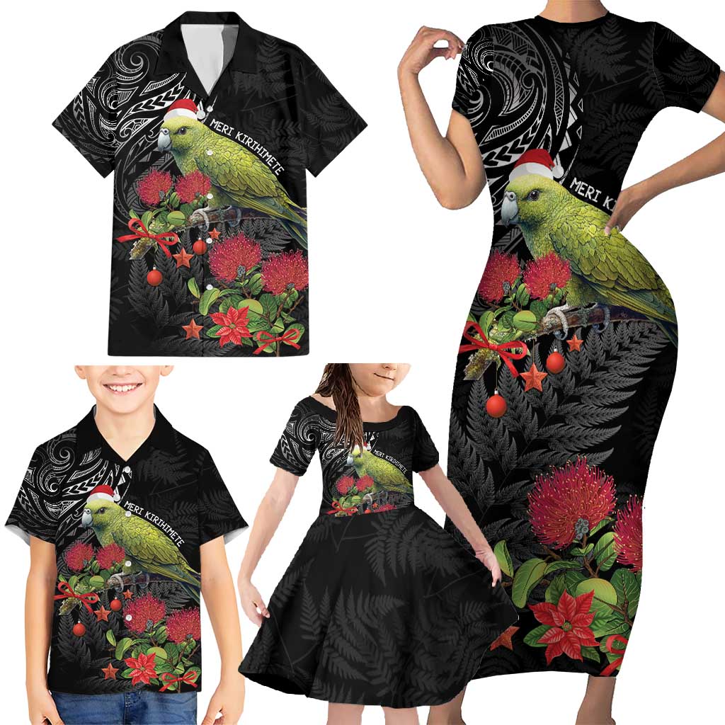 Meri Kirihimete Kakapo Family Matching Short Sleeve Bodycon Dress and Hawaiian Shirt Black Silver Fern Christmas Vibe LT9 - Polynesian Pride