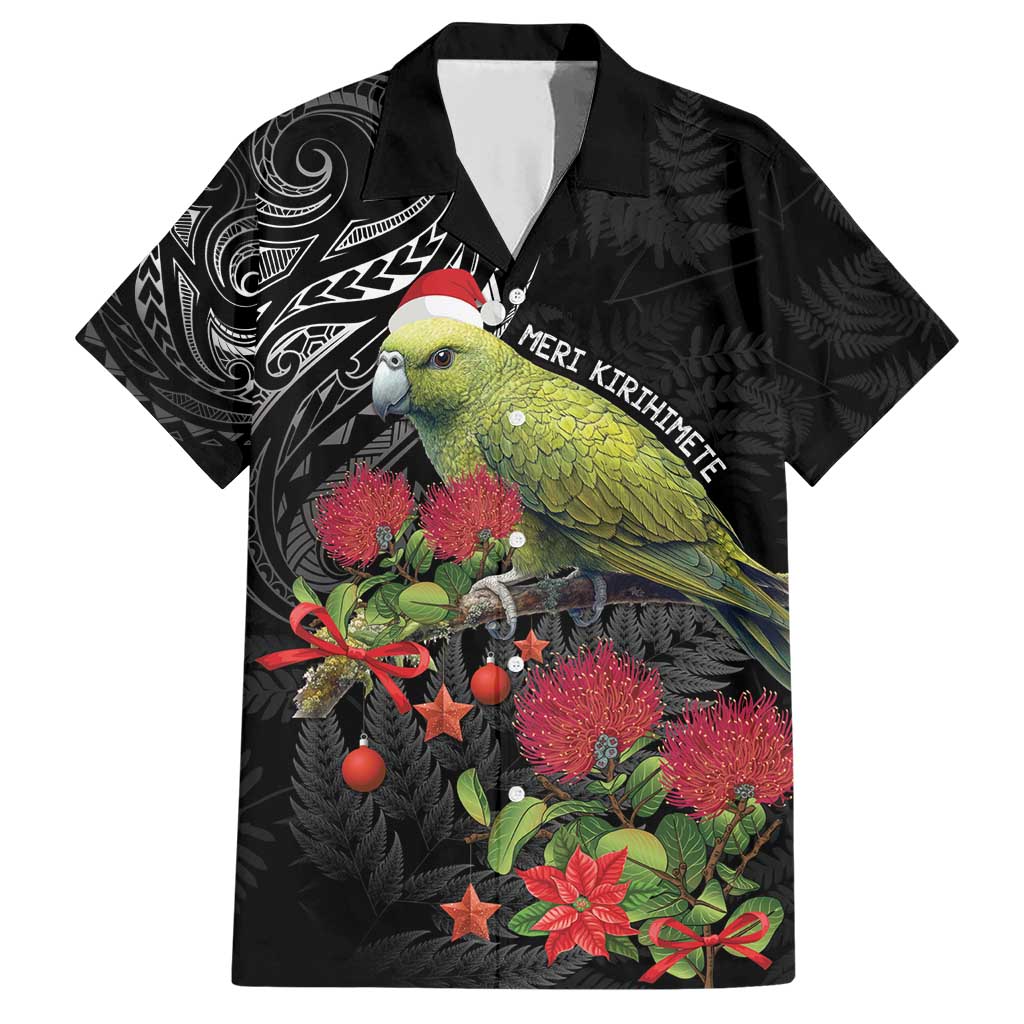 Meri Kirihimete Kakapo Family Matching Short Sleeve Bodycon Dress and Hawaiian Shirt Black Silver Fern Christmas Vibe LT9 Dad's Shirt - Short Sleeve Black - Polynesian Pride