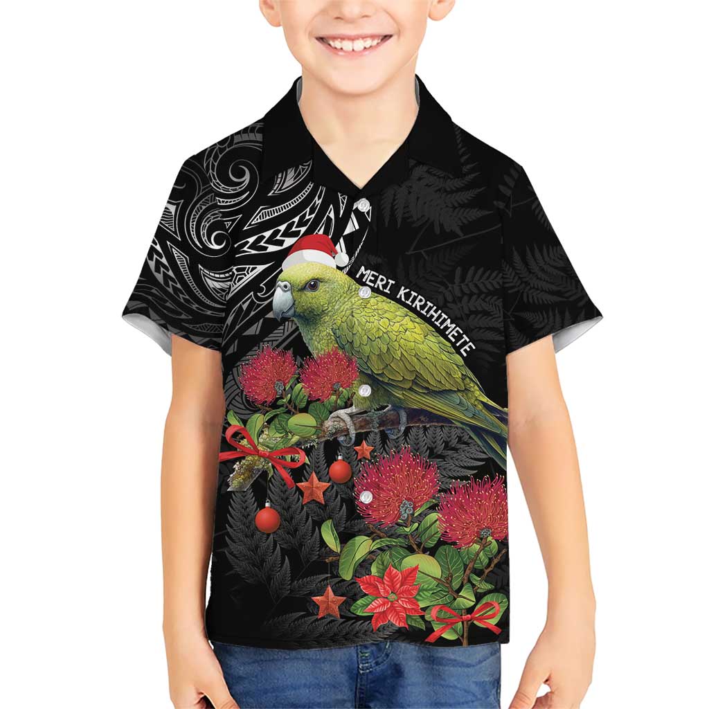 Meri Kirihimete Kakapo Family Matching Short Sleeve Bodycon Dress and Hawaiian Shirt Black Silver Fern Christmas Vibe LT9 Son's Shirt Black - Polynesian Pride