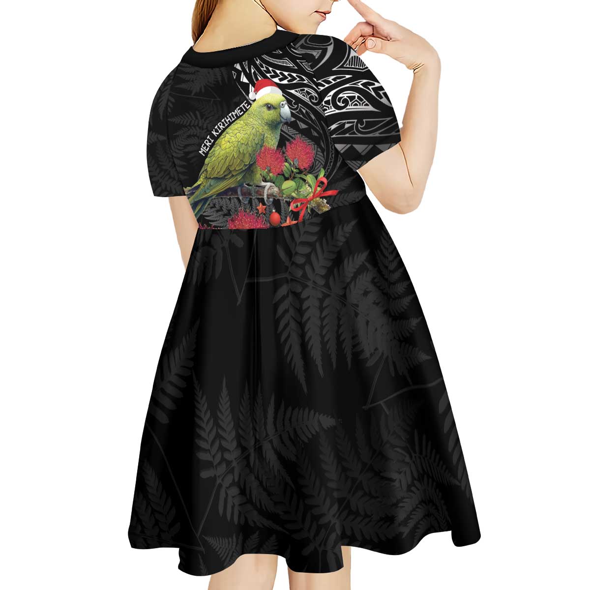 Meri Kirihimete Kakapo Kid Short Sleeve Dress Black Silver Fern Christmas Vibe