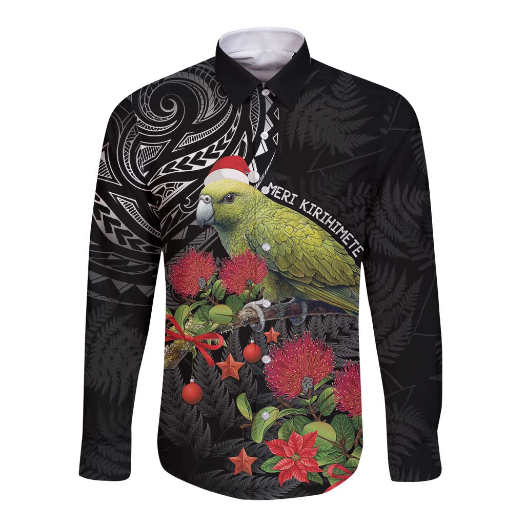 Meri Kirihimete Kakapo Long Sleeve Button Shirt Black Silver Fern Christmas Vibe