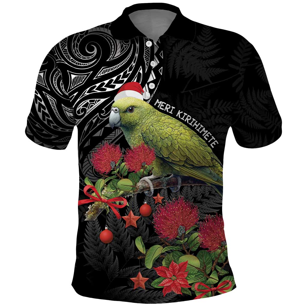 Meri Kirihimete Kakapo Polo Shirt Black Silver Fern Christmas Vibe