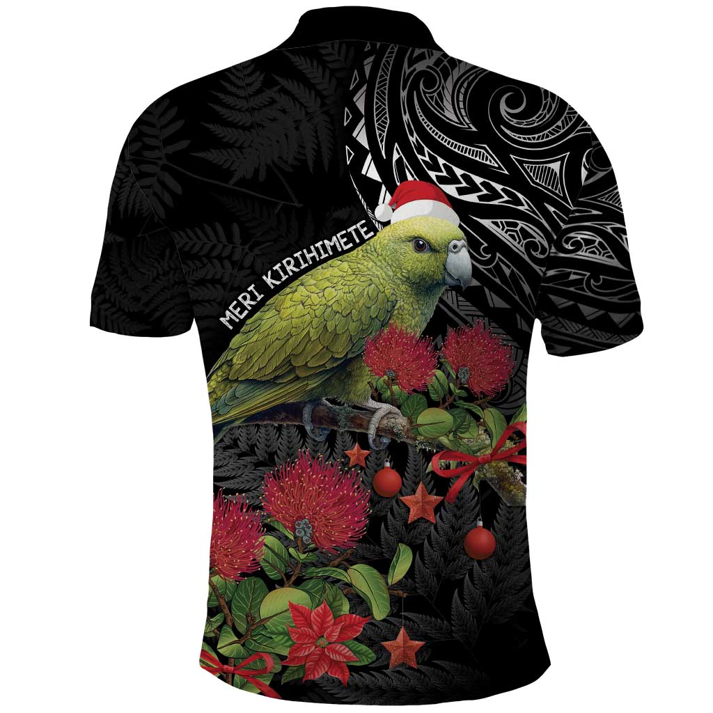 Meri Kirihimete Kakapo Polo Shirt Black Silver Fern Christmas Vibe