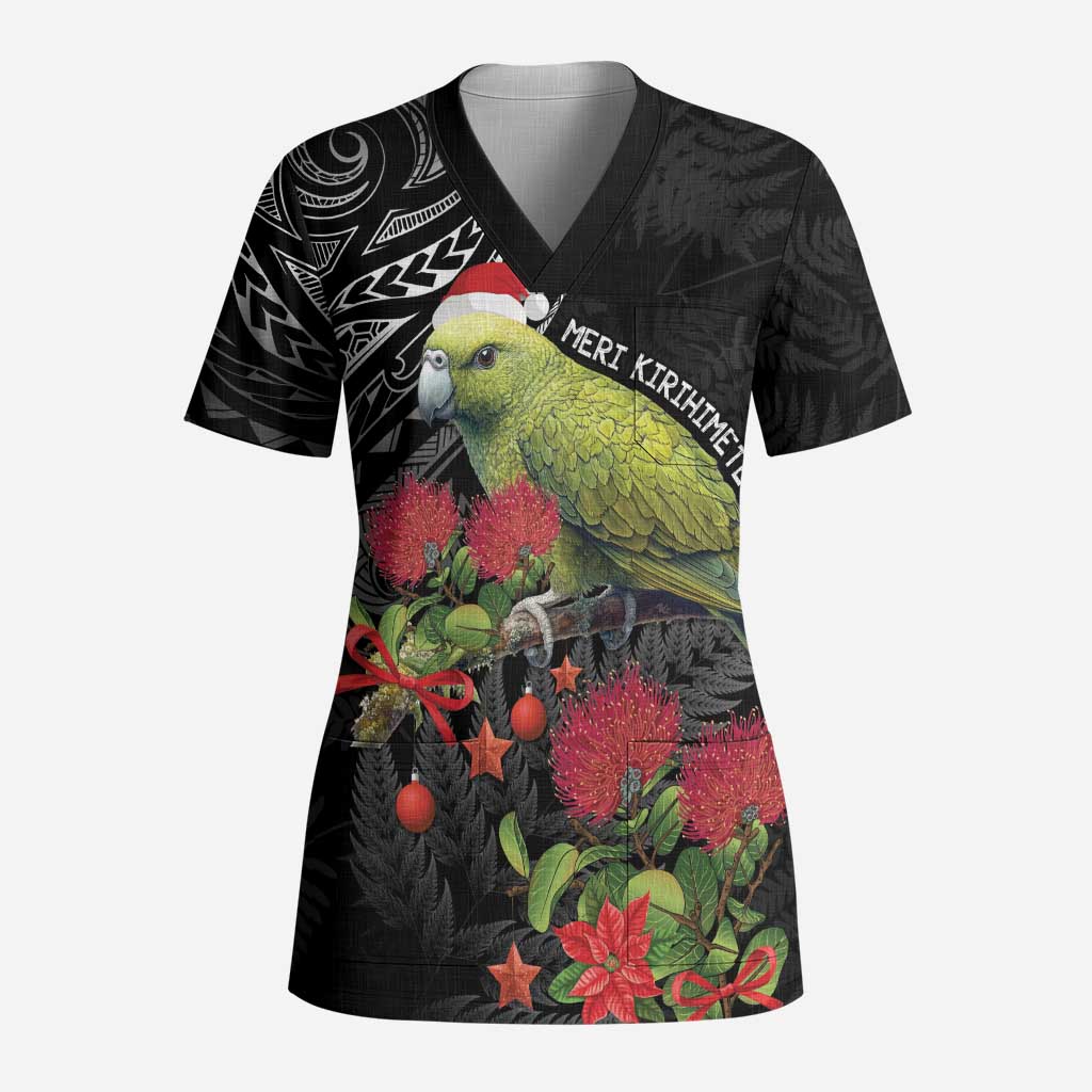 Meri Kirihimete Kakapo Scrub Top Black Silver Fern Christmas Vibe - Polynesian Pride