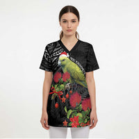Meri Kirihimete Kakapo Scrub Top Black Silver Fern Christmas Vibe - Polynesian Pride