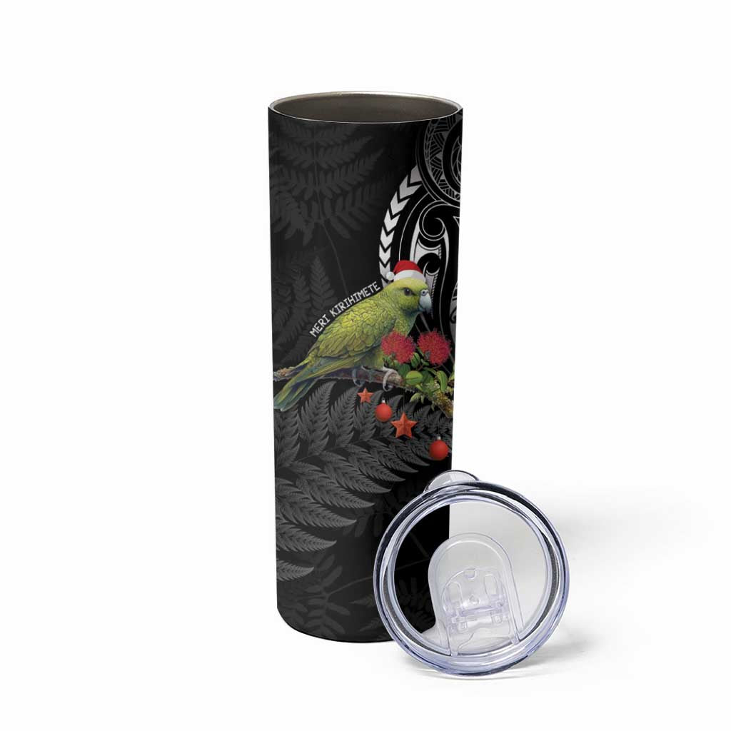 Meri Kirihimete Kakapo Skinny Tumbler Black Silver Fern Christmas Vibe LT9 - Polynesian Pride