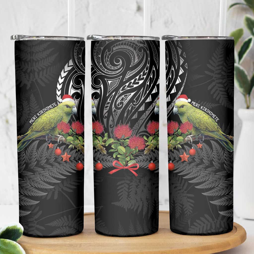 Meri Kirihimete Kakapo Skinny Tumbler Black Silver Fern Christmas Vibe LT9 - Polynesian Pride