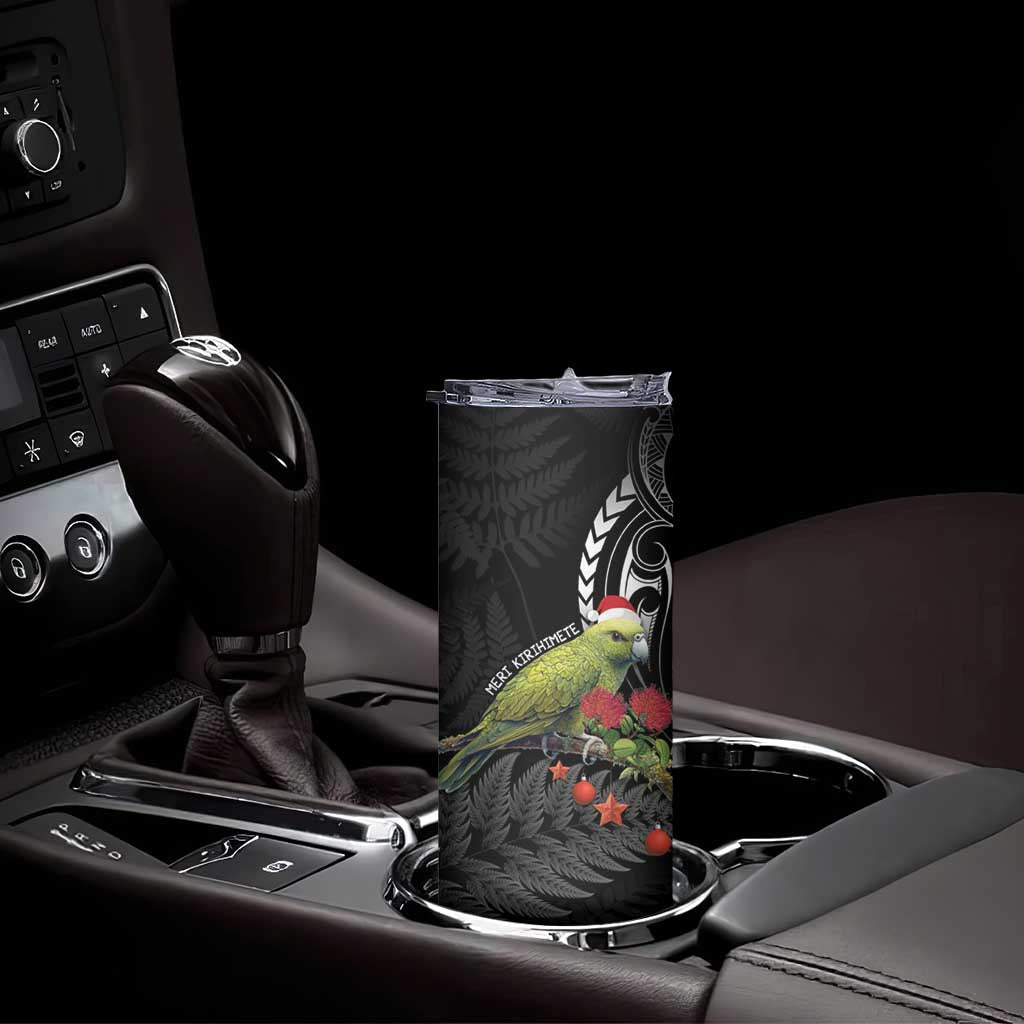 Meri Kirihimete Kakapo Skinny Tumbler Black Silver Fern Christmas Vibe LT9 - Polynesian Pride