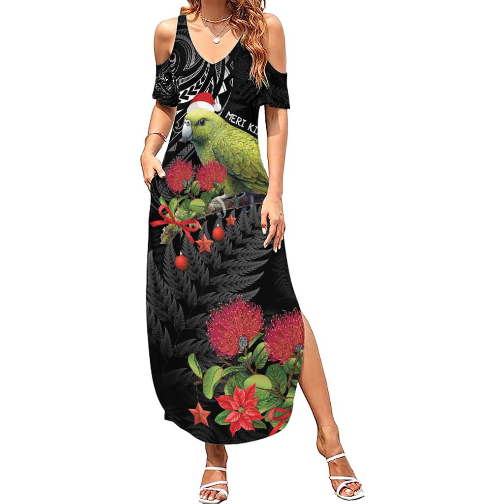 Meri Kirihimete Kakapo Summer Maxi Dress Black Silver Fern Christmas Vibe