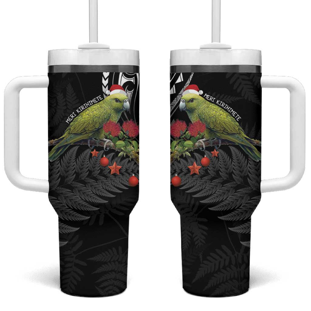 Meri Kirihimete Kakapo Tumbler With Handle Black Silver Fern Christmas Vibe