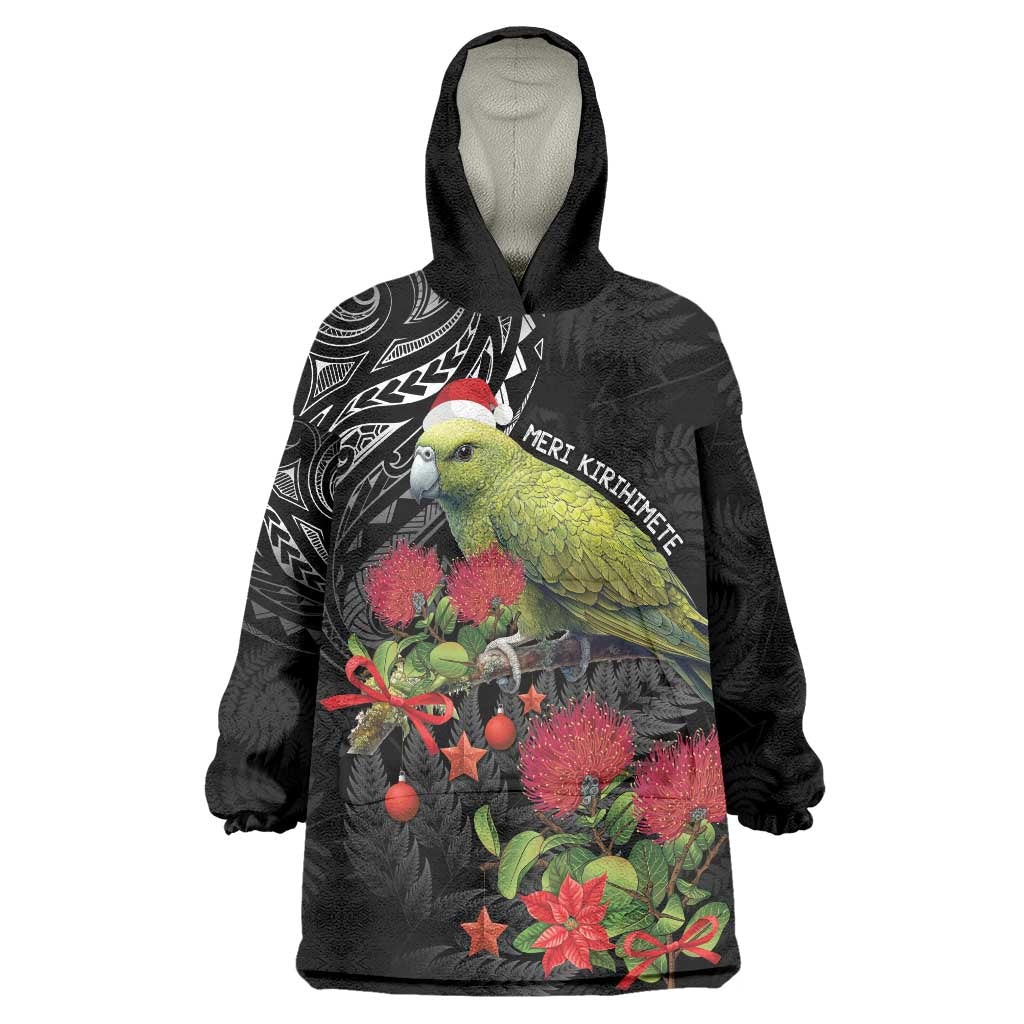 Meri Kirihimete Kakapo Wearable Blanket Hoodie Black Silver Fern Christmas Vibe