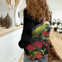 Meri Kirihimete Kakapo Women Casual Shirt Black Silver Fern Christmas Vibe LT9 - Polynesian Pride