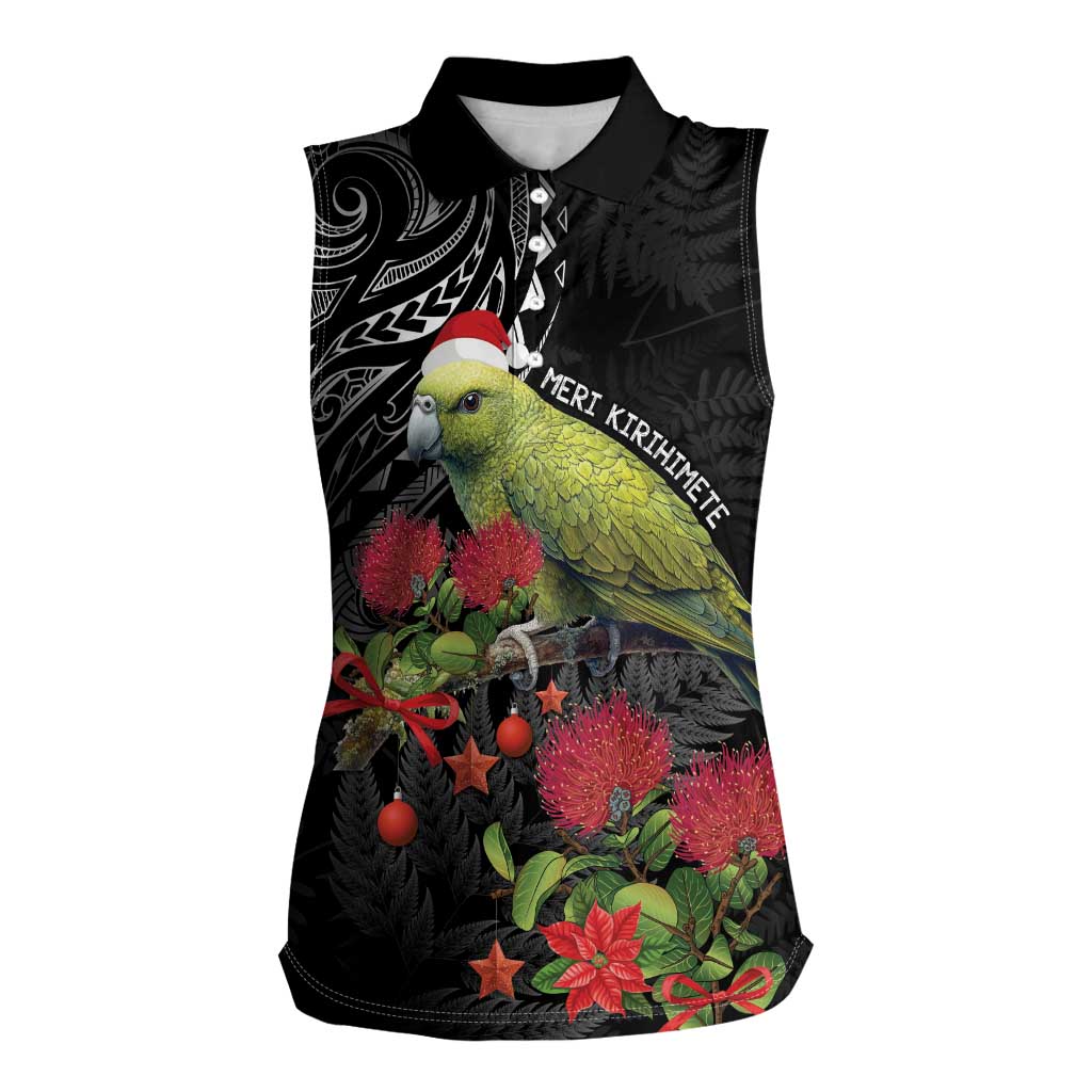 Meri Kirihimete Kakapo Women Sleeveless Polo Shirt Black Silver Fern Christmas Vibe LT9 Female Black - Polynesian Pride