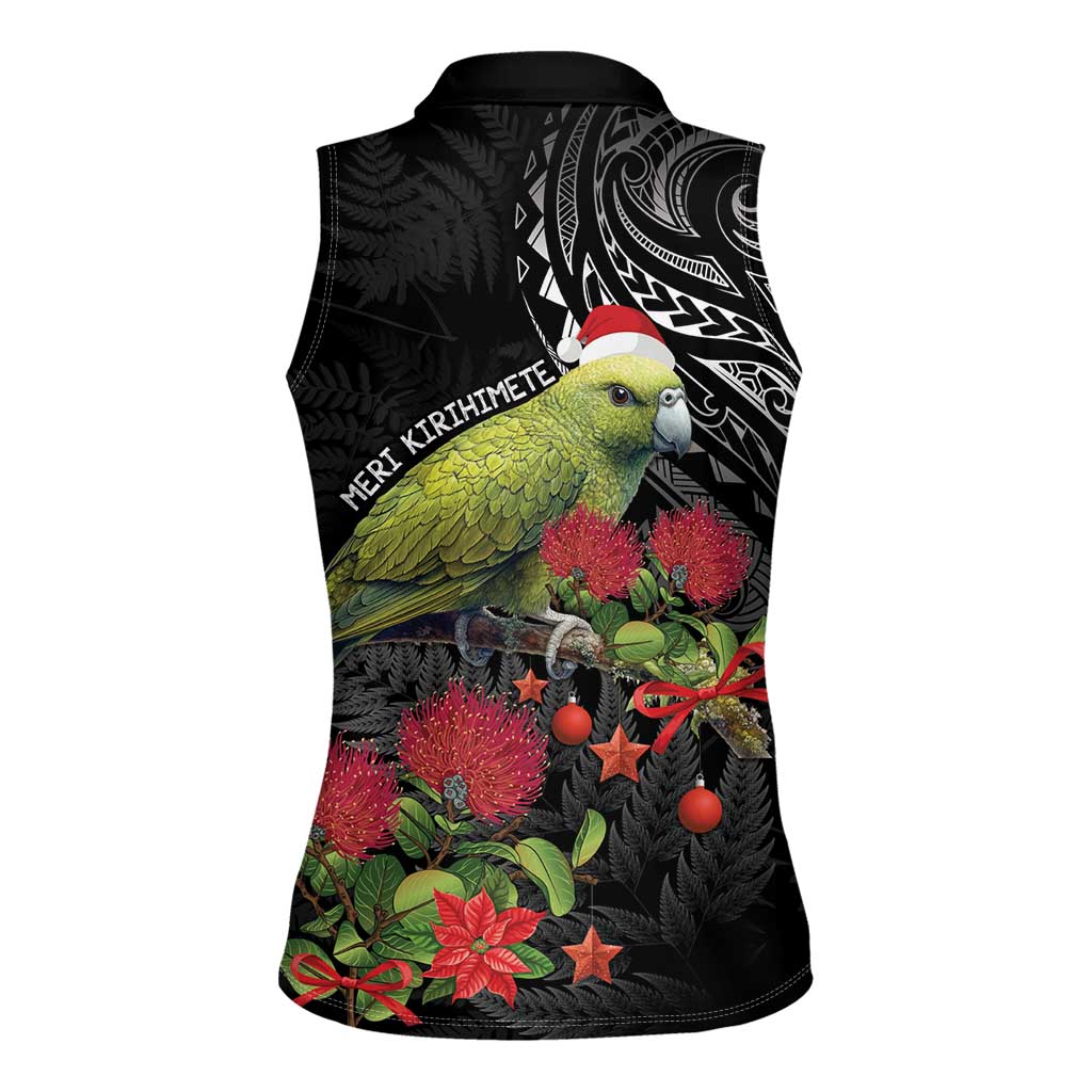 Meri Kirihimete Kakapo Women Sleeveless Polo Shirt Black Silver Fern Christmas Vibe LT9 - Polynesian Pride