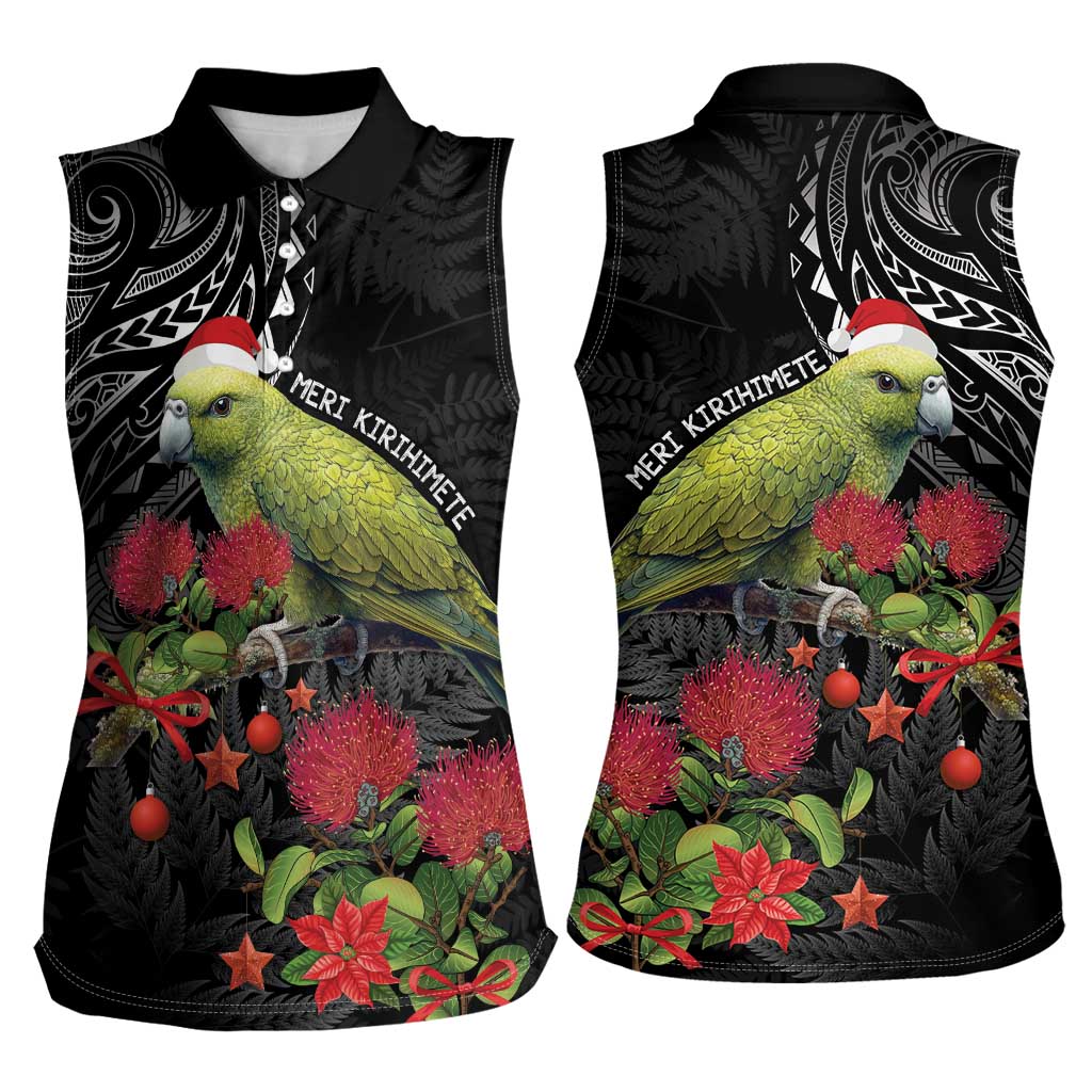 Meri Kirihimete Kakapo Women Sleeveless Polo Shirt Black Silver Fern Christmas Vibe LT9 - Polynesian Pride