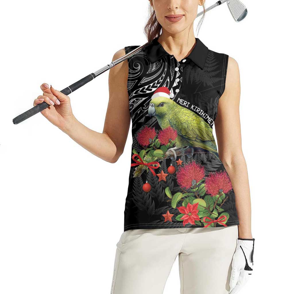 Meri Kirihimete Kakapo Women Sleeveless Polo Shirt Black Silver Fern Christmas Vibe LT9 - Polynesian Pride