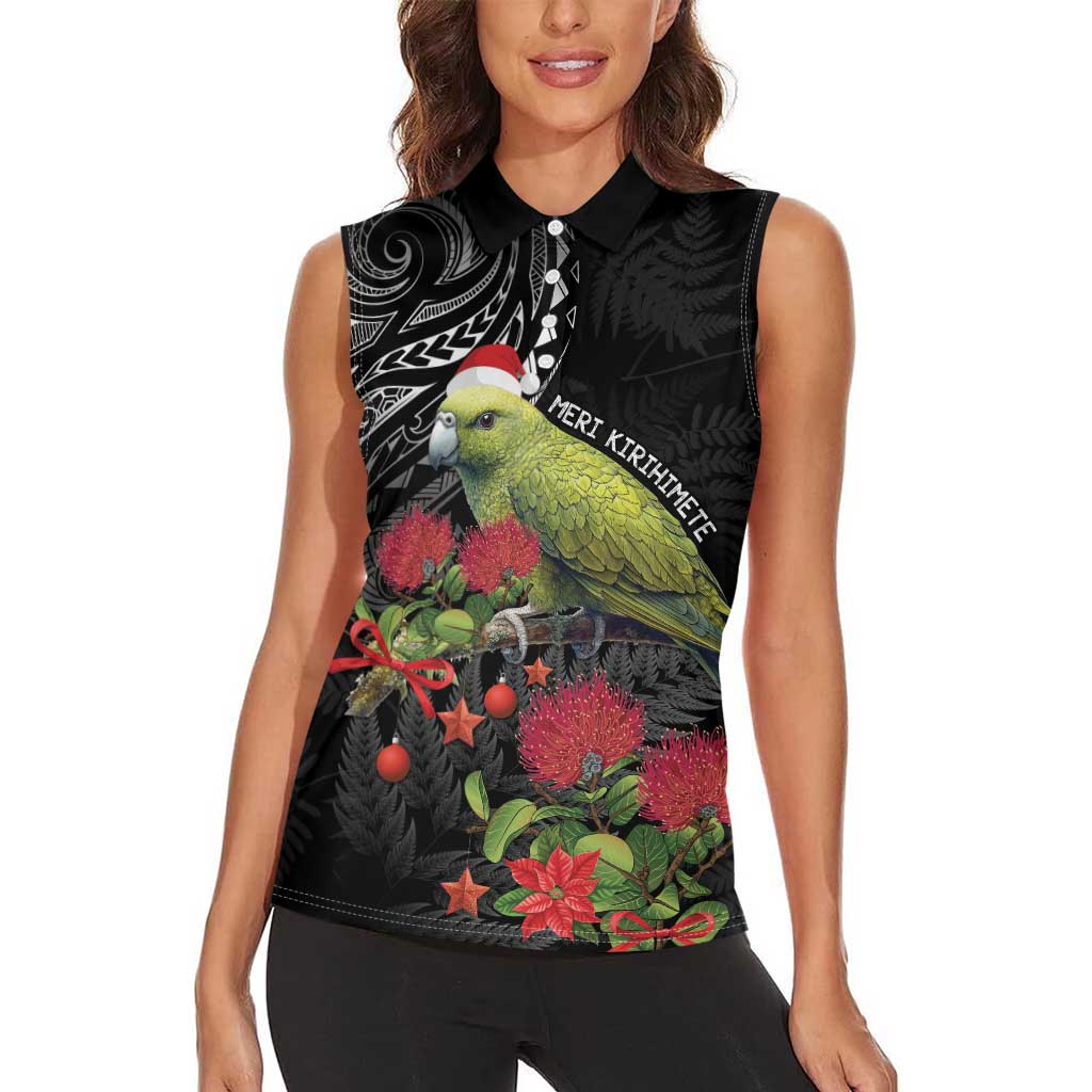 Meri Kirihimete Kakapo Women Sleeveless Polo Shirt Black Silver Fern Christmas Vibe LT9 - Polynesian Pride