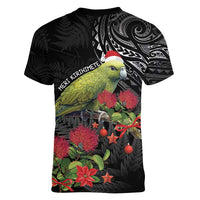 Meri Kirihimete Kakapo Women V-Neck T-Shirt Black Silver Fern Christmas Vibe LT9 - Polynesian Pride