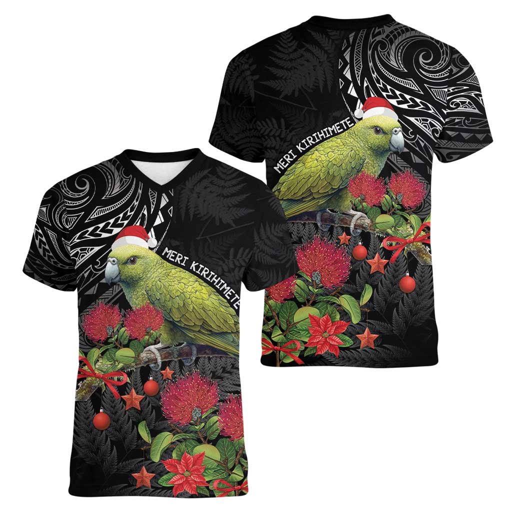 Meri Kirihimete Kakapo Women V-Neck T-Shirt Black Silver Fern Christmas Vibe LT9 - Polynesian Pride
