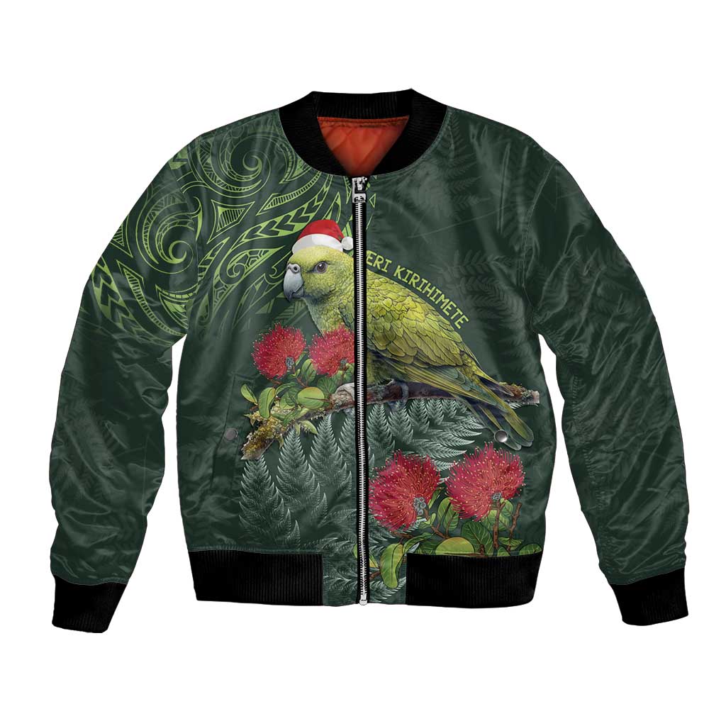 Meri Kirihimete Kakapo Bomber Jacket Green Silver Fern Christmas Vibe