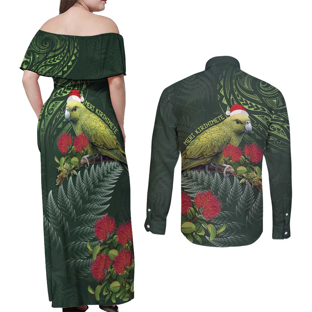 Meri Kirihimete Kakapo Couples Matching Off Shoulder Maxi Dress and Long Sleeve Button Shirt Green Silver Fern Christmas Vibe LT9 - Polynesian Pride