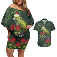 Meri Kirihimete Kakapo Couples Matching Off Shoulder Short Dress and Hawaiian Shirt Green Silver Fern Christmas Vibe LT9 Green - Polynesian Pride