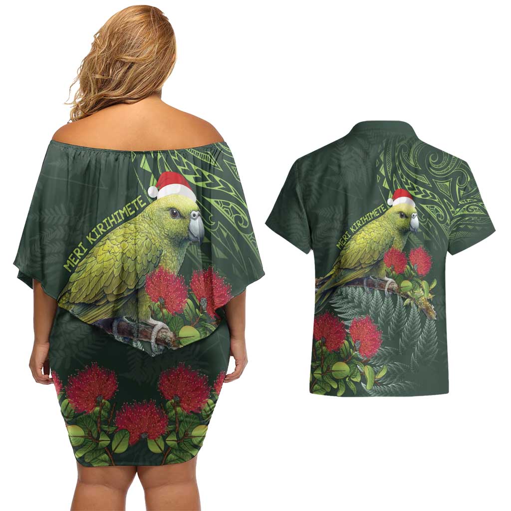 Meri Kirihimete Kakapo Couples Matching Off Shoulder Short Dress and Hawaiian Shirt Green Silver Fern Christmas Vibe LT9 - Polynesian Pride
