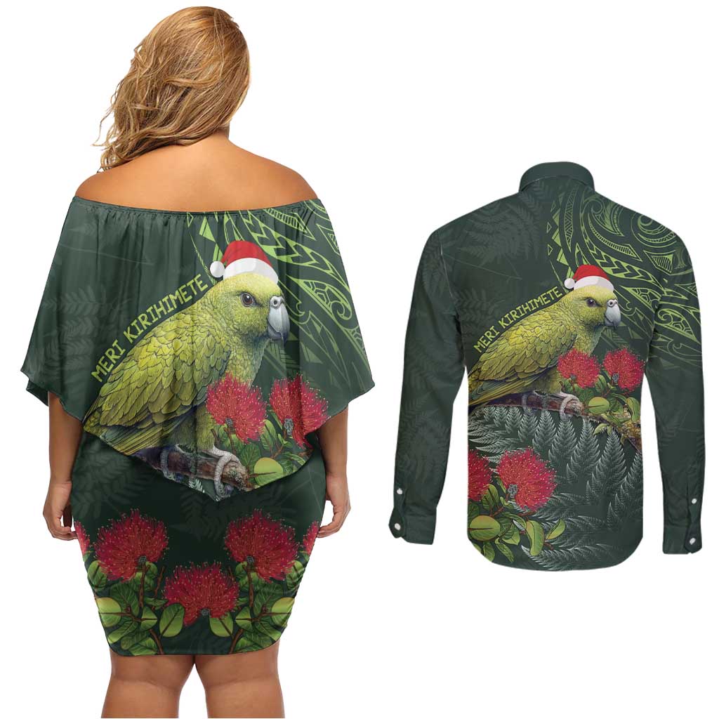 Meri Kirihimete Kakapo Couples Matching Off Shoulder Short Dress and Long Sleeve Button Shirt Green Silver Fern Christmas Vibe LT9 - Polynesian Pride