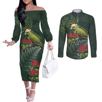 Meri Kirihimete Kakapo Couples Matching Off The Shoulder Long Sleeve Dress and Long Sleeve Button Shirt Green Silver Fern Christmas Vibe LT9 Green - Polynesian Pride
