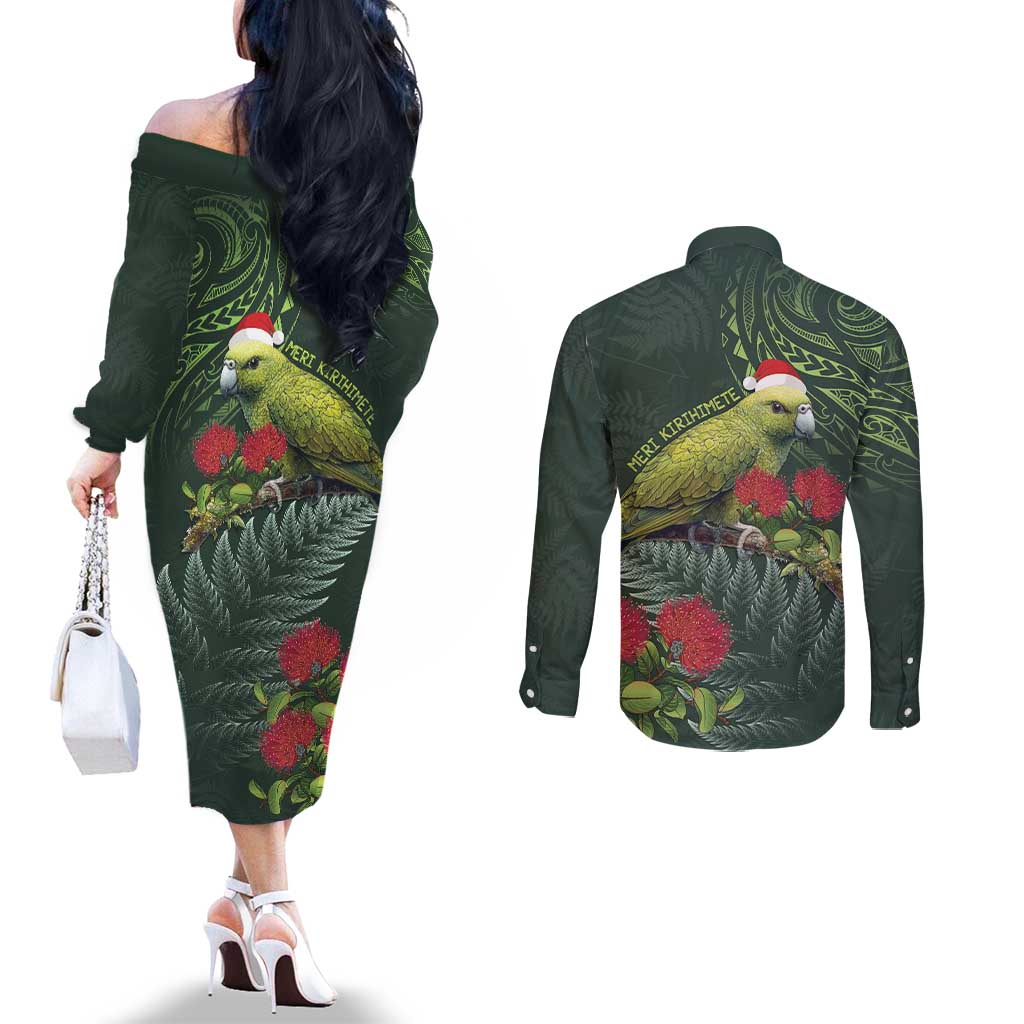 Meri Kirihimete Kakapo Couples Matching Off The Shoulder Long Sleeve Dress and Long Sleeve Button Shirt Green Silver Fern Christmas Vibe LT9 - Polynesian Pride