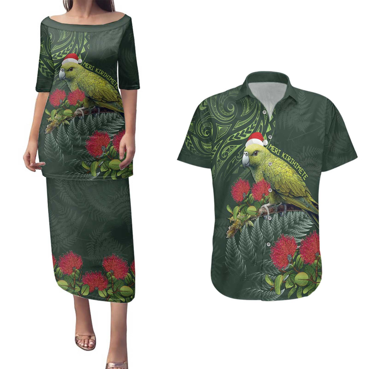 Meri Kirihimete Kakapo Couples Matching Puletasi and Hawaiian Shirt Green Silver Fern Christmas Vibe LT9 Green - Polynesian Pride