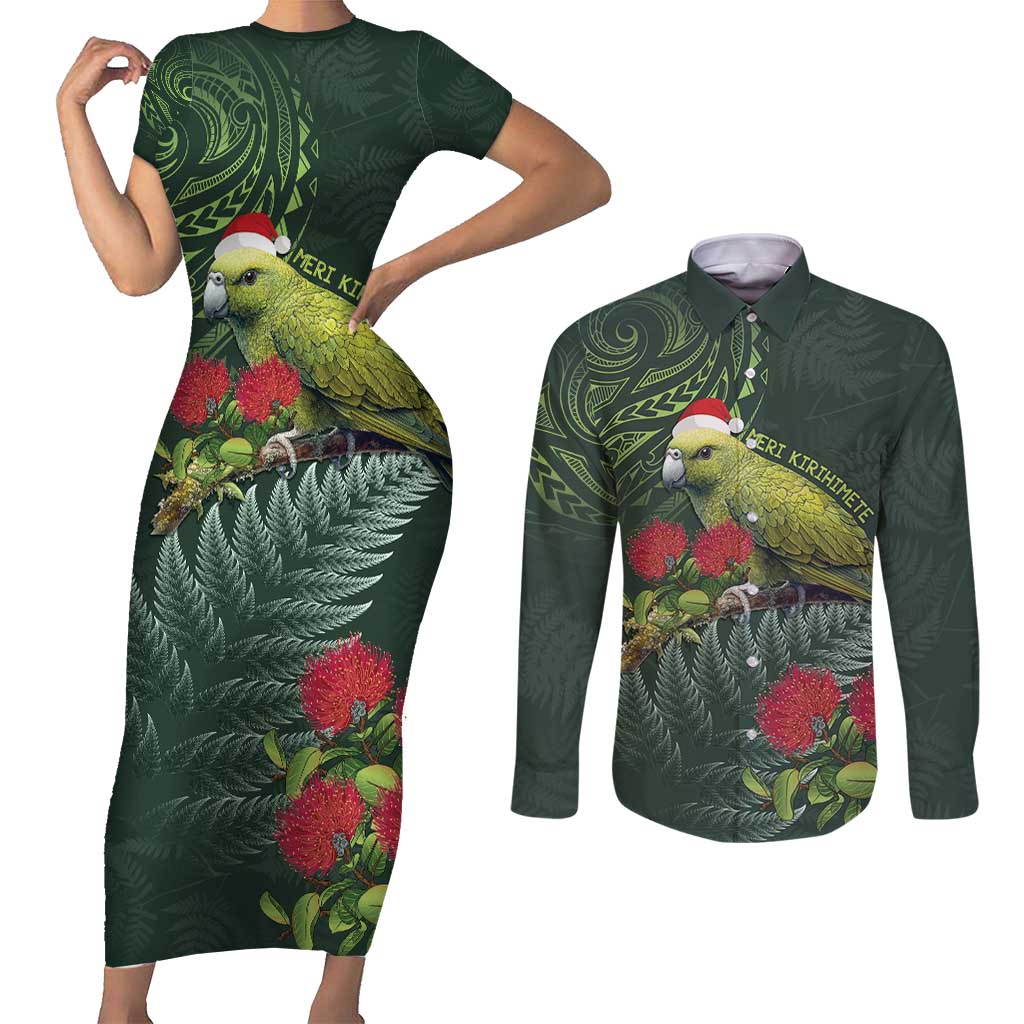 Meri Kirihimete Kakapo Couples Matching Short Sleeve Bodycon Dress and Long Sleeve Button Shirt Green Silver Fern Christmas Vibe LT9 Green - Polynesian Pride
